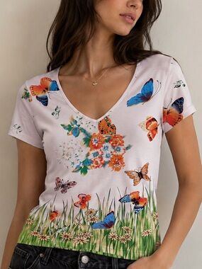 Save The Queen Butterfly Garden Fairycore Beaded Y2K T Shirt (Size L)